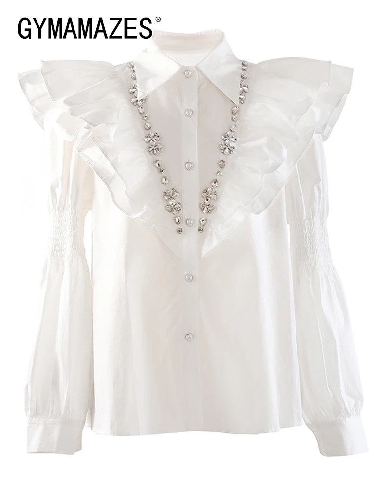 

GYMAMAZES Patchwork Diamond Shirt For Women Lapel Long Sleeve High Waist Spliced Ruffles Solid Blouse Female Fashion Clothing