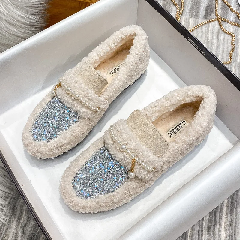 Big Size 35-43 Women Faux Wool Flats Winter Warm Shoes Plush Lining Pearls Chain Lady Loafers Female Boat Shoe Top Quality 555-2