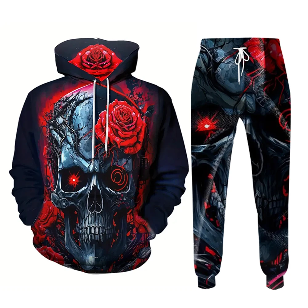 

Свитшот мужской из двух предметов, повседневный уличный пуловер с 3D-принтом роз, череп, спортивные штаны для осени и зимы