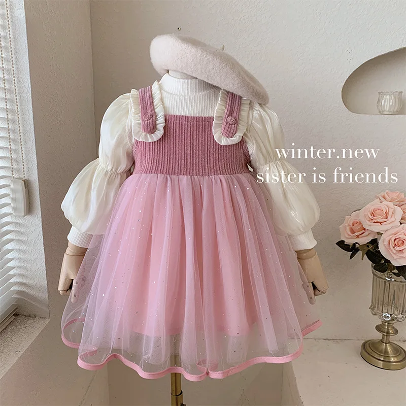 

Winter Girl Suspenders Dress + Plus Velvet Base Shirt Two Piece Sets Little Girl Party Princess Dress Kids Sweater Clothes