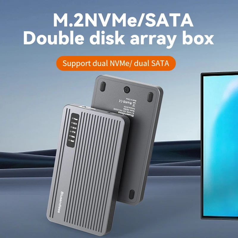 Blueendless 2 Bay RAID M.2 SATA M.2 NVME SSD Enclosure Aluminum Dual Bay NVMe RAID SSD Case Support Max 16TB RAID0/1/PM Mode Ssd Enclosure Hard Drive Enclosure