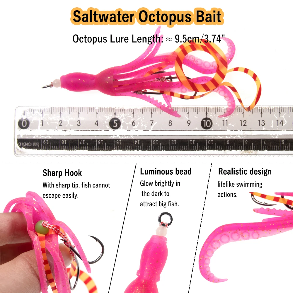 Wifreo Saltwater Fishing Octopus Bait hook Soft Silicone Luminous Squid  Skirt Lure Slow Jigging Assist Hook Trolling Bait