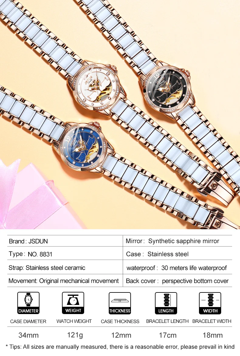JSDUN 8831 Women's Watch Top Brand Luxury Automatic Mechanical Watch For Women Hollow 30M Waterproof Ladies Dress Wristwatch
