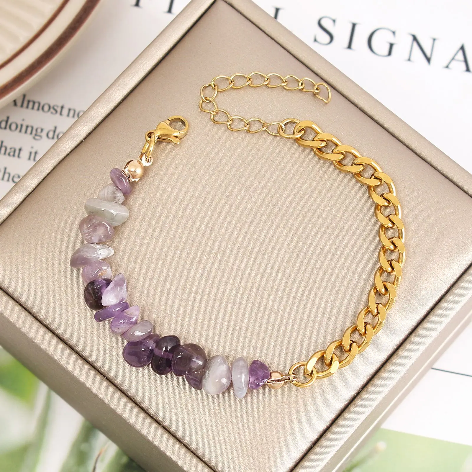 Stainless Steel Bracelet Bohemian Bracelets 316l Stainless Steel Natural Crystal Purple Stone Bracelet For Woman