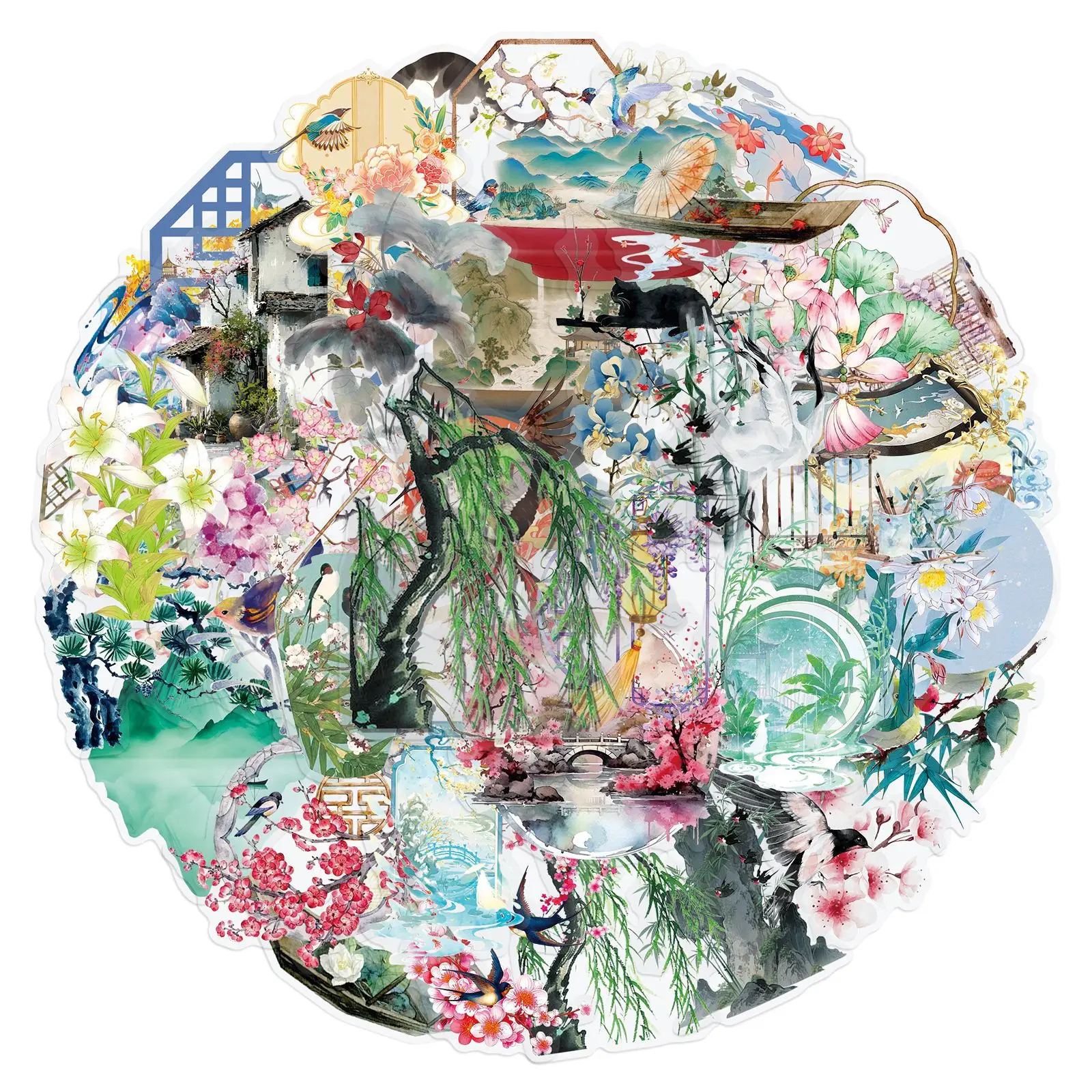 50/100PCS 중국 스타일 요소 스티커 레트로 잉크 낙서 투명 PET DIY 장식 방수 문구 노트북 스티커