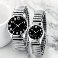 Montre à quartz avec bracelet élastique en alliage noir, chiffres arabes, pour homme et femme, coffret cadeau pour les amoureux. 2