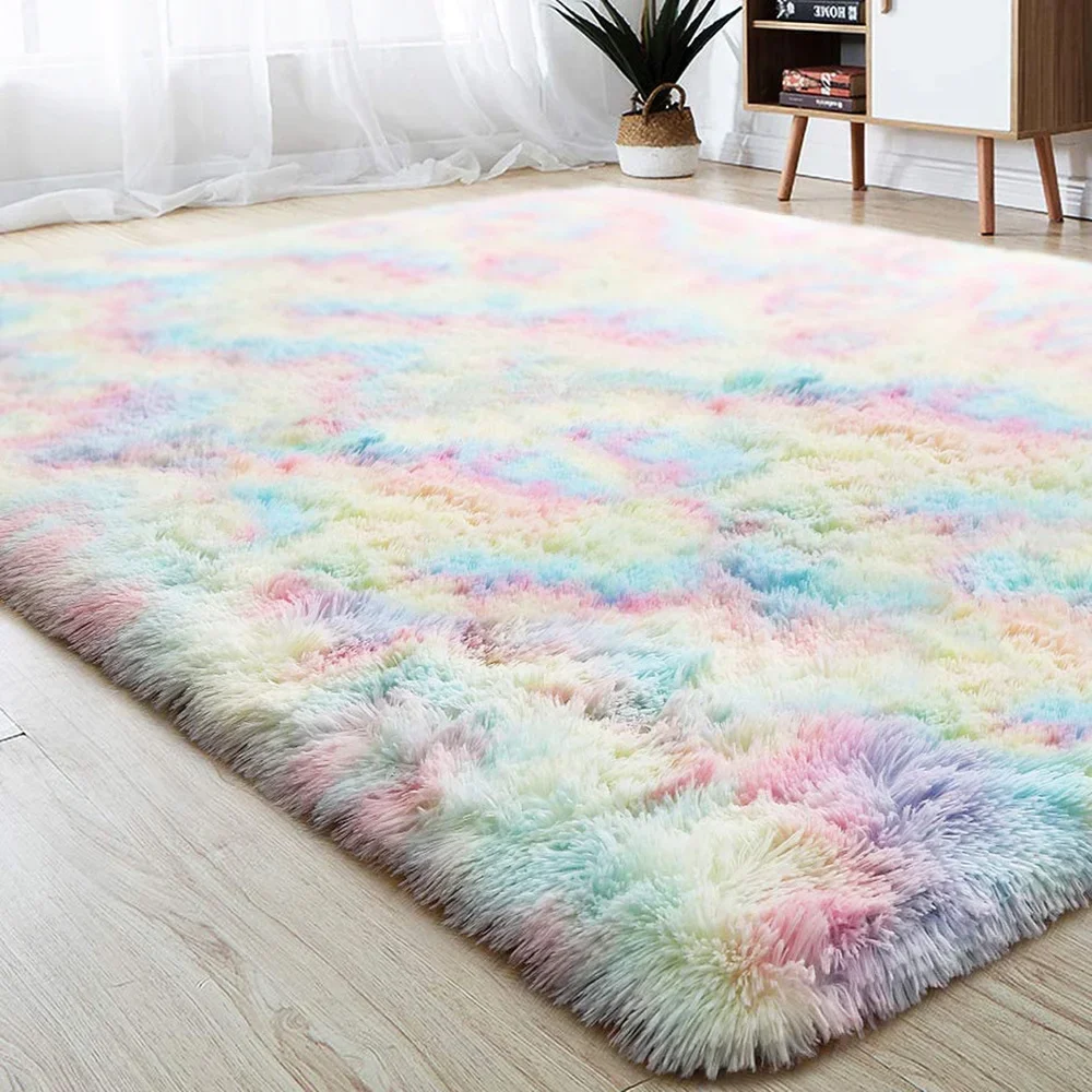 

Rainbow Fluffy Rugs Anti-Skid Shaggy Area Rug Dining Room Living Room Mat Bedroom Bedside Plush Carpet Floor Mat Home Decor