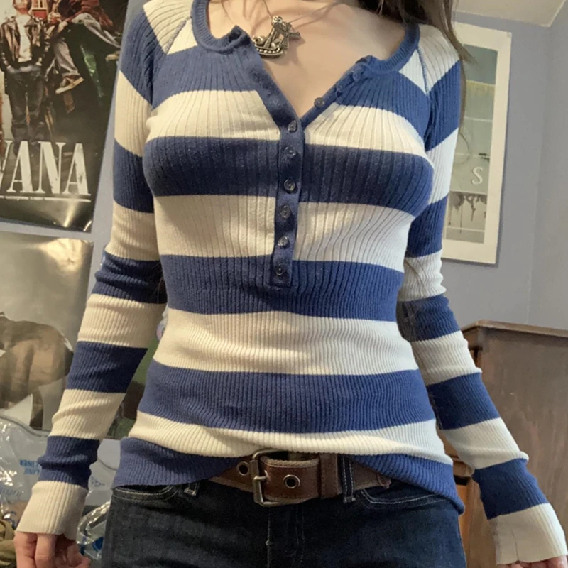 y2k Fairycore Top Vintage Aesthetic Women Striped Button Round Neck Long Sleeve Knitted Tshirt 2000s Clothes Streetwear