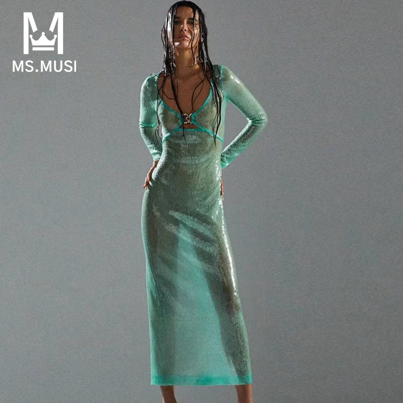 

Новинка 2024, модное женское сексуальное платье MSMUSI с V-образным вырезом и блестками, с длинным рукавом, облегающее мини-платье для клуба, нового года
