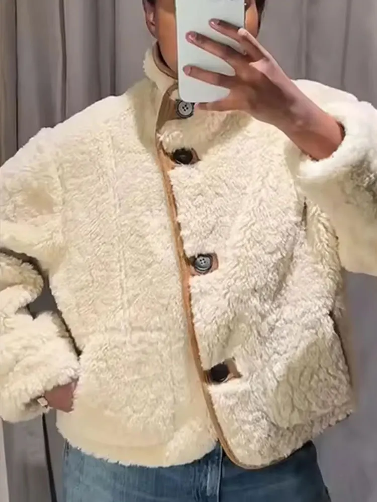 HH Women Fashion Faux Lamb Wool Reversible Jacket Single Breasted Long Sleeve Lapel Coats Autumn Winter Thick Warm Outwear