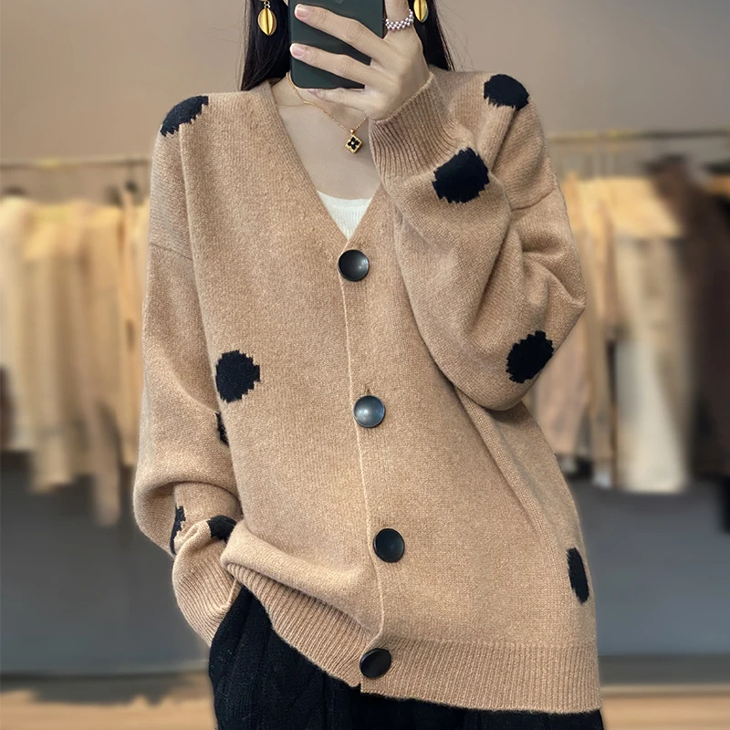 

100% pure wool sweater for women's new V-neck loose knit trend fashion long sleeved cardigan sweater for autumn and winter