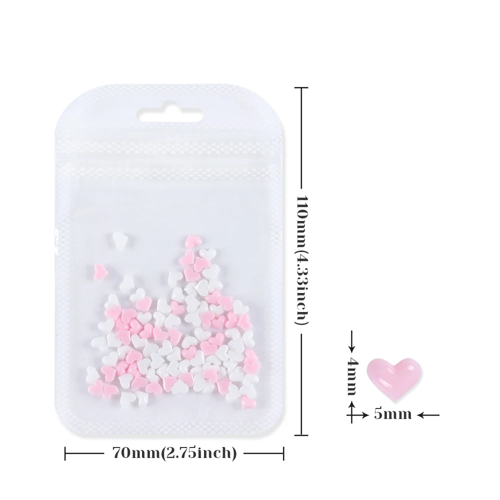 100pcs Kawaii Pink White Mini Love Heart Nail Charms 3D Heart Shape Resin Valentine's Decoration Nail Art Parts Supplies 5mm 6