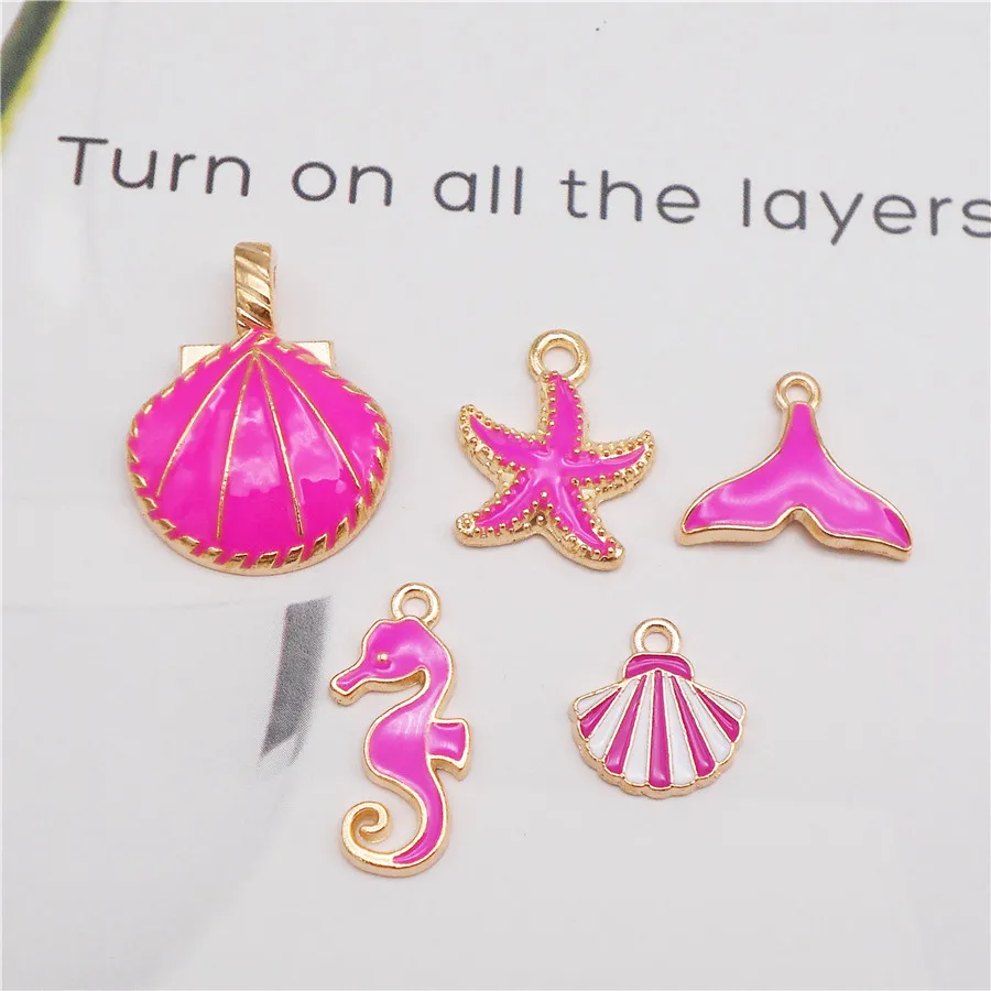 

Julie Wang 10PCS Mixed Enamel Rose Red Marine Life Charms Alloy Shell Seahorse Starfish Tail Pendant Jewelry Making Accessory