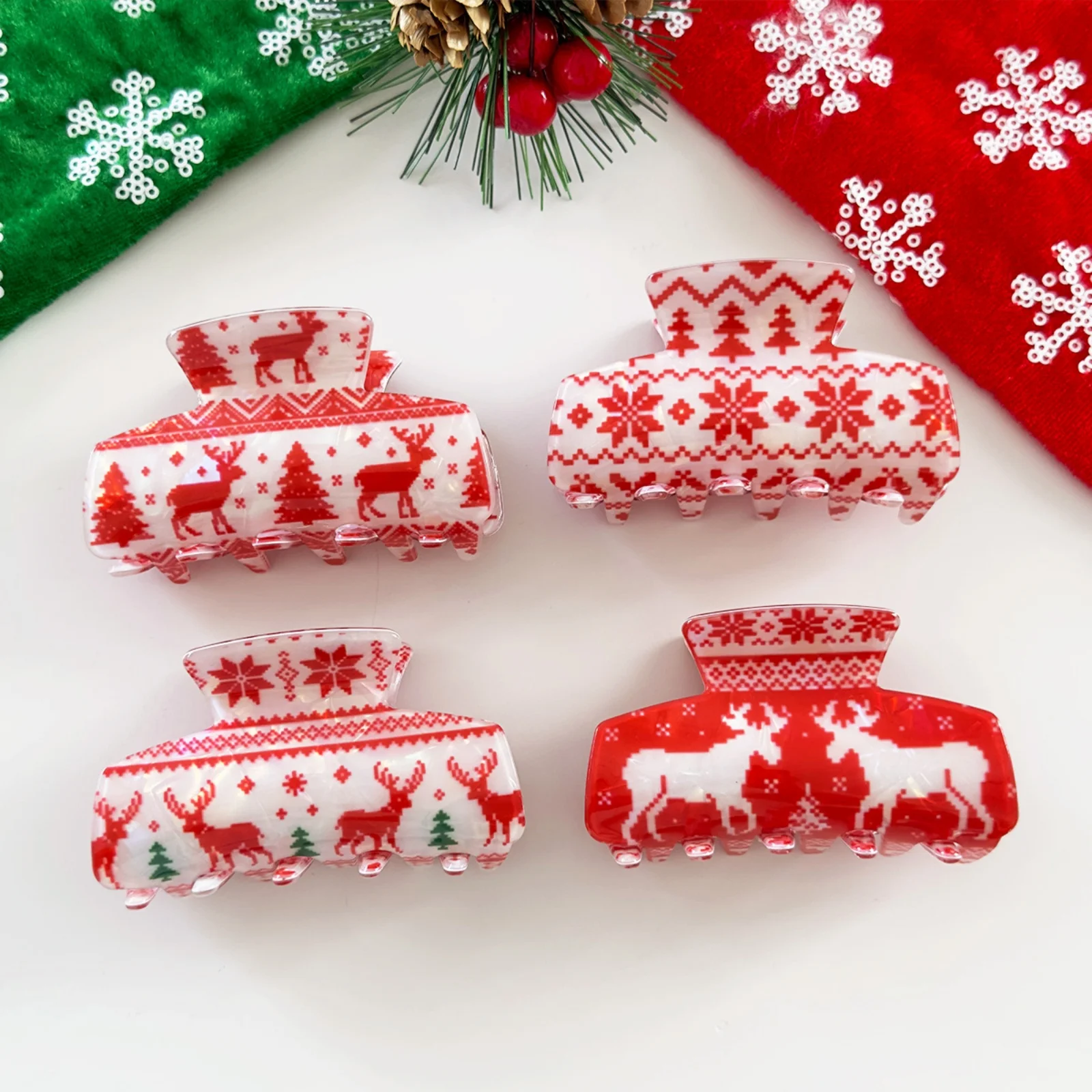 1PC Christmas Reindeer Hair Claw Clips, 4 Pcs Red Snowflake Hair Accessories, Festive Winter Hair Clips For Women, Cute Xmas