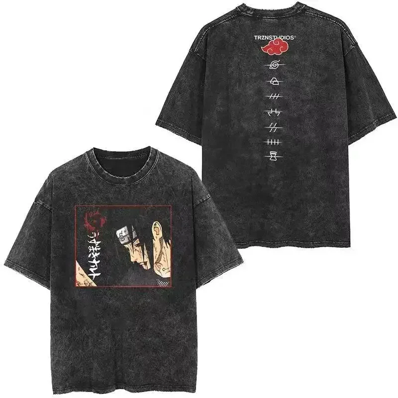 Cotton Mens Vintage Japan Anime Print Oversize TShirt Streetwear Harajuku Summer Black Short Sleeve Shirt Loose Cotton Tops Tees
