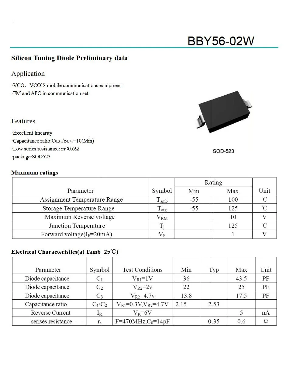 

Free Shipping 100PCS BBY56-02W Marking=66 SOD-523(SCD80) BBY56-03W SOD-323 Silicon Tuning Diode Varactor Diode 20mA 10V