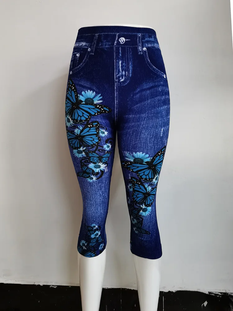 YSDNCHI Blue Faux Jeans Workout Women Push Up Gym Butterfly Printed Leggings Sport Leggin Stretchy Short Pants Hot Sale Capris nike leggings
