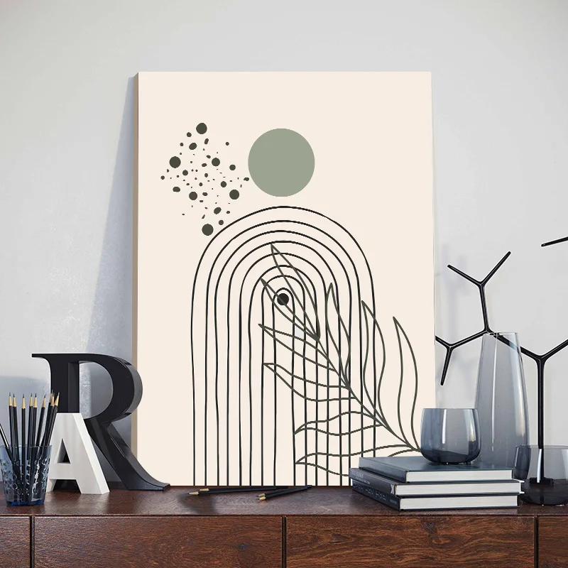 3pcs Bohemian Sage Green Wall Art Canvas Painting with Framed Nordic Abstract Geometric Plant Leaves Posters Bedroom Home Decor