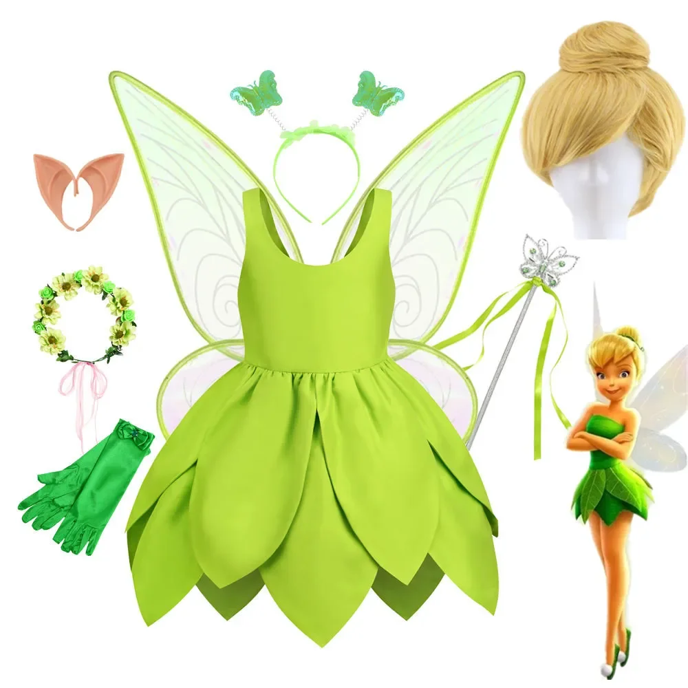 Tinker Bell Fairy Dress Baby Girl Fantasy Forest Elf Costume Cosplay Bambini Green Leaf Tinkerbell Gowns Child Halloween Outfits