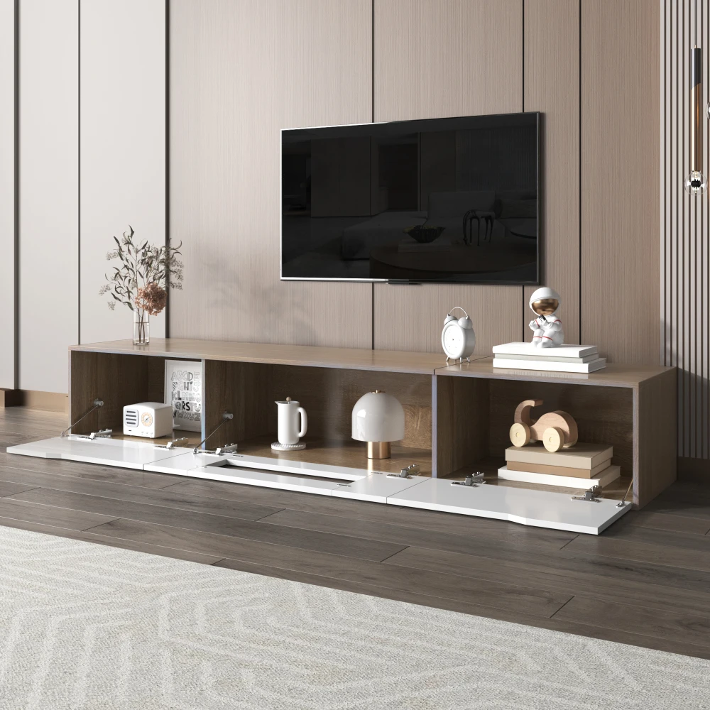 PINGGO Hochglanz-TV-Schrank Farblich Abgestimmte LED-Beleuchtung Weiß Holzton Heimunterhaltungs-Aufbewahrungseinheit – Detail 14