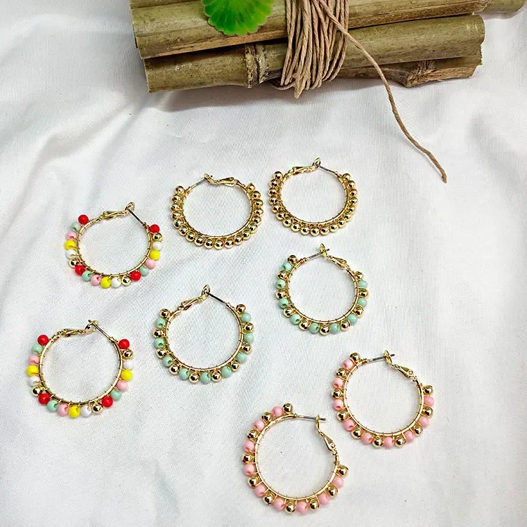 

Fringed earrings Hand woven fashion circle Beading Simplicity Bohemia Color blocking alloy ma'am Rice bead earrings