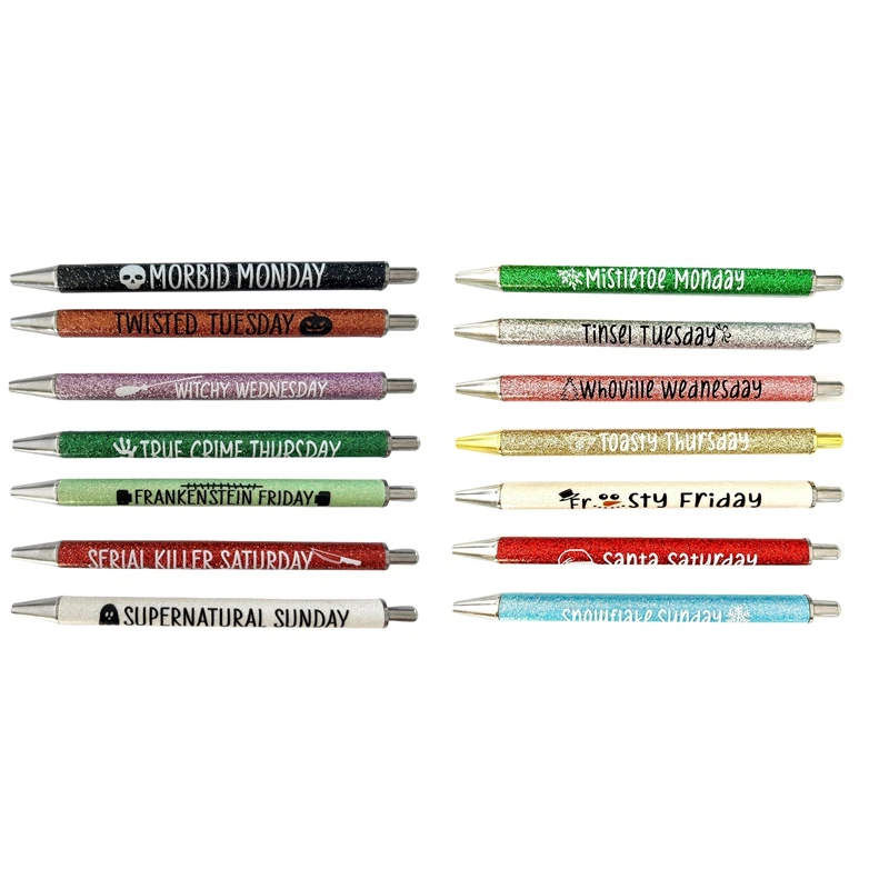 

HOT-7Pcs Weekday Pens Glitter Pen With Funny Sayings Vibrant Passive Fancy Ballpoint Pens Cute Gifts