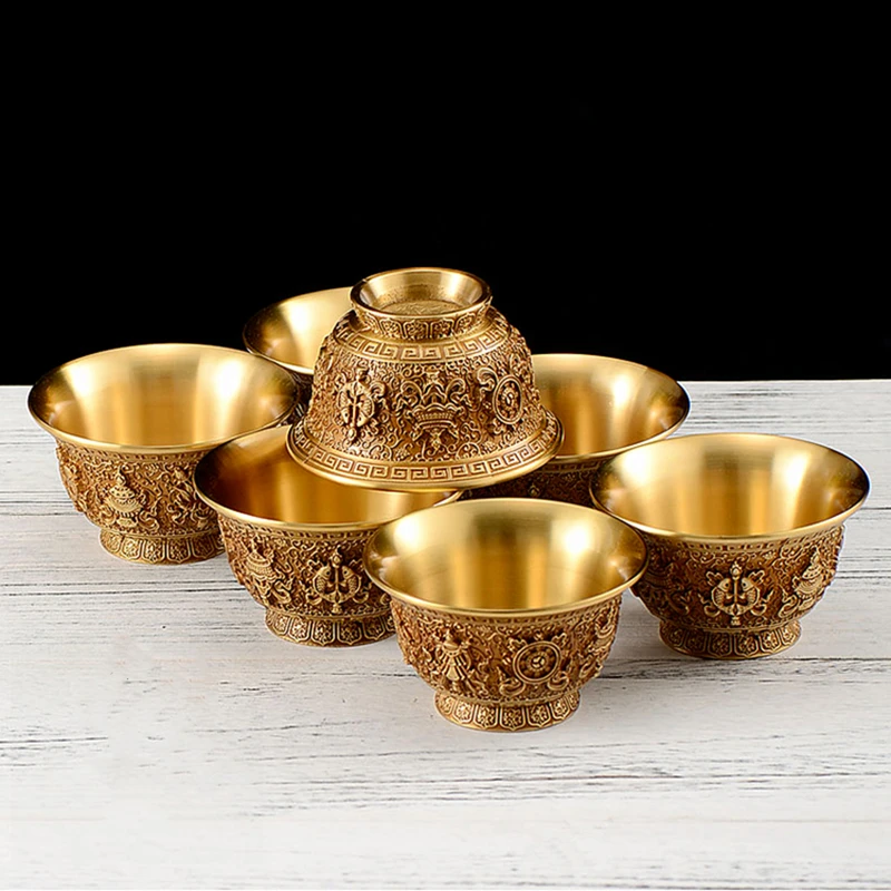 Pure Copper Water Supply Cup for Offering Buddha, Tantric Eight Auspicious Symbol Buddhist Decor Water Bowl, Buddhist Supplies 4