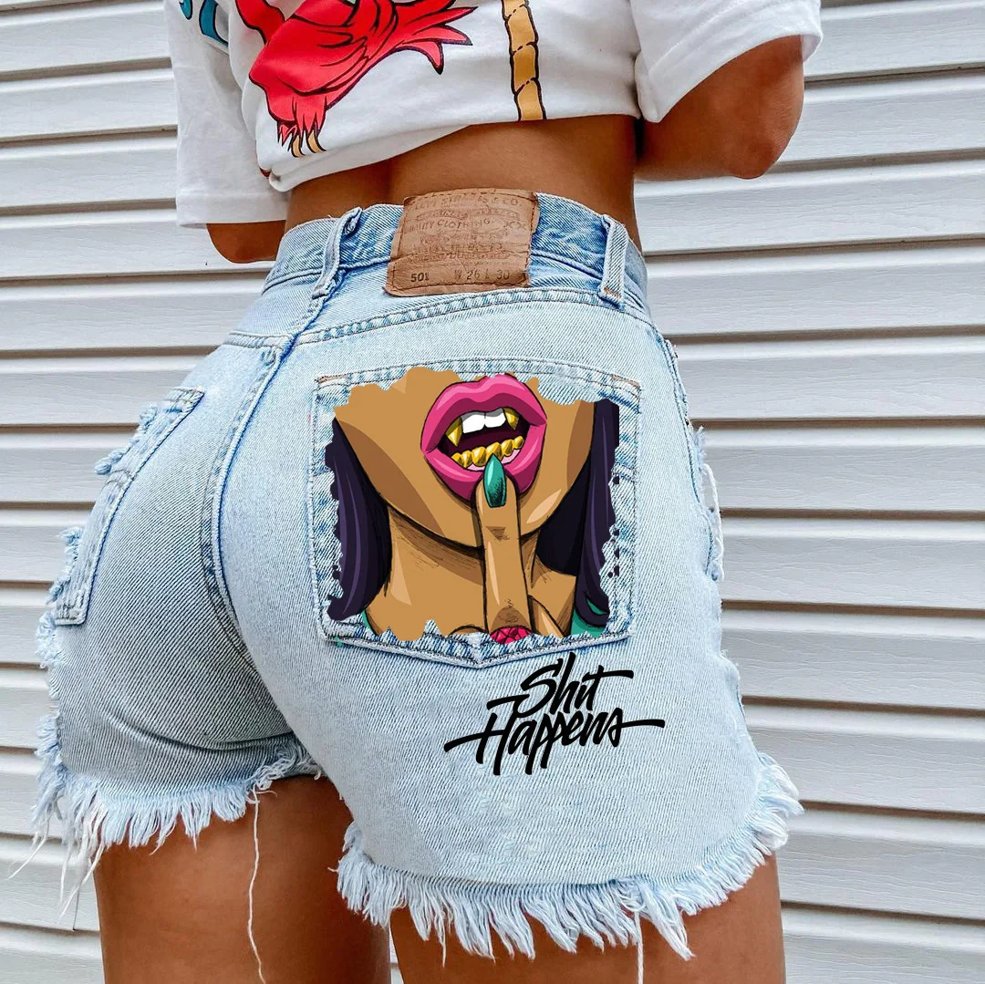 

Denim Shorts For Womenins Street Personality Golden Tooth Girl Biting Fingers Europe And America Casual Hole Denim Shorts Hot Pa