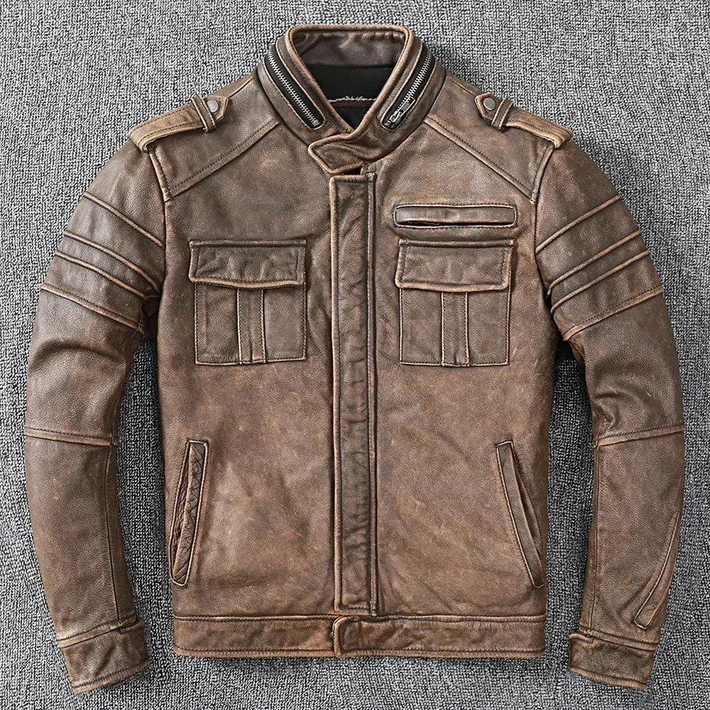 

Men New Cowhide Coat Male Genuine Leather Jacket Vintage Style Motorcycle Biker Clothes Thick Calfskin Real Learher Coats