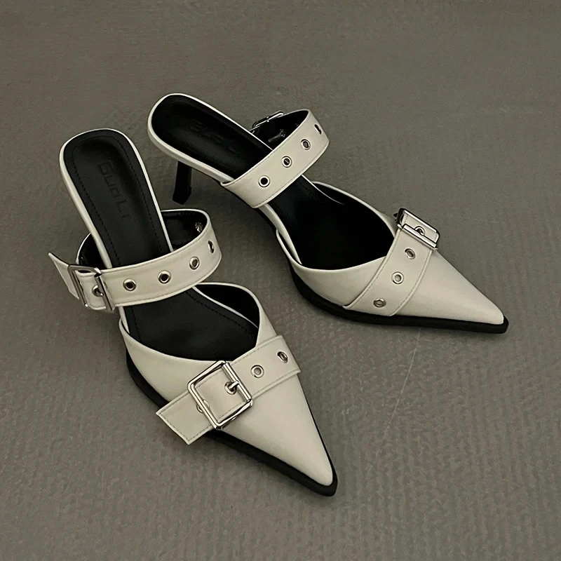 Punk Goth Metal Buckle High Heels Women's Sandals Summer 2024 Pointed Toe Silver Party Shoes Fashion Womens Pumps Shoes Tacones