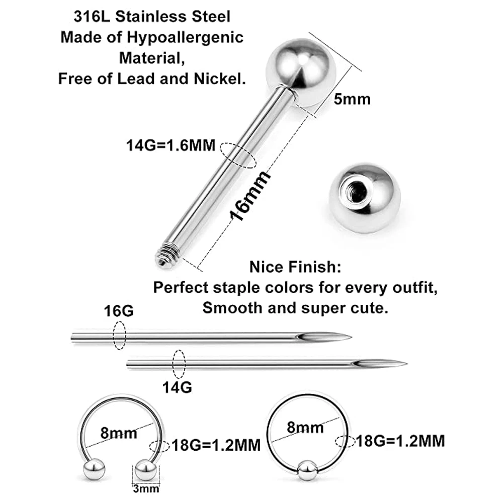 Body Piercing Kit WKOUD Piercing Kit Stainless Steel Eyebrow Rings Horseshoe Rin Industrial Piercing Jewelry Women Men 14G 16G Needles
