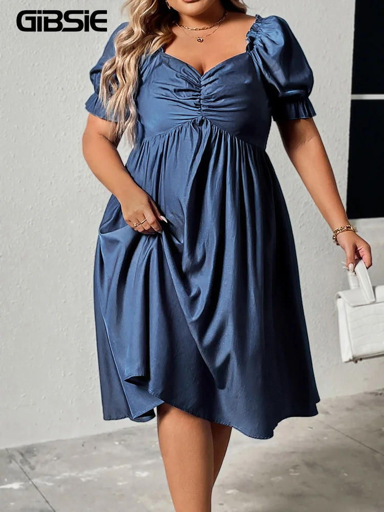 

GIBSIE Plus Size Sweetheart Neck Shirring Backless Puff Sleeve Midi Dress Women 2023 Summer Vintage Elegant Party A-Line Dresses