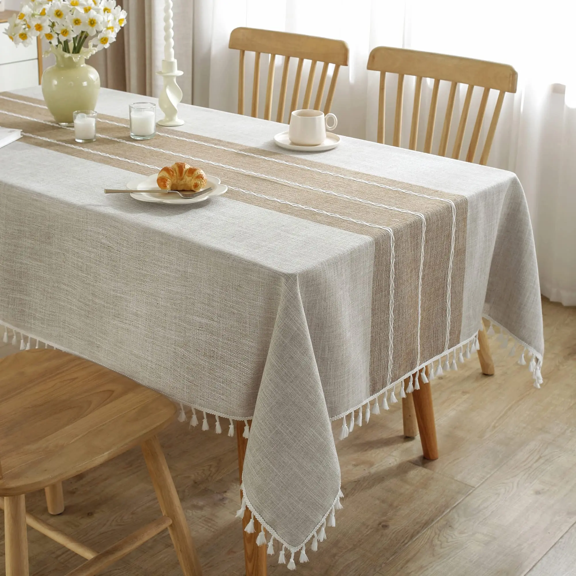 

Tablecloths for Rectangle Tables,Cotton Linen Waterproof Tablecloth Wrinkle Free Soft Fabric Table Cover Cloths with Tassels