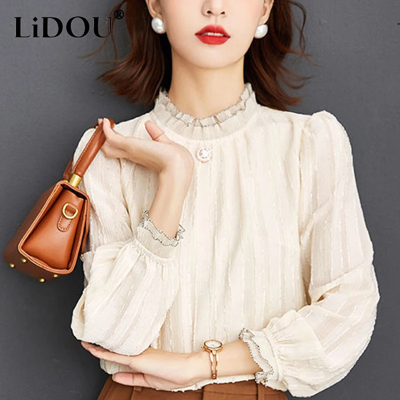 

Spring Autumn Ruffles Stand Collar Elegant Fashion Chiffon Shirt Women Long Sleeve Pullover Top Loose Casual All-match Blouse