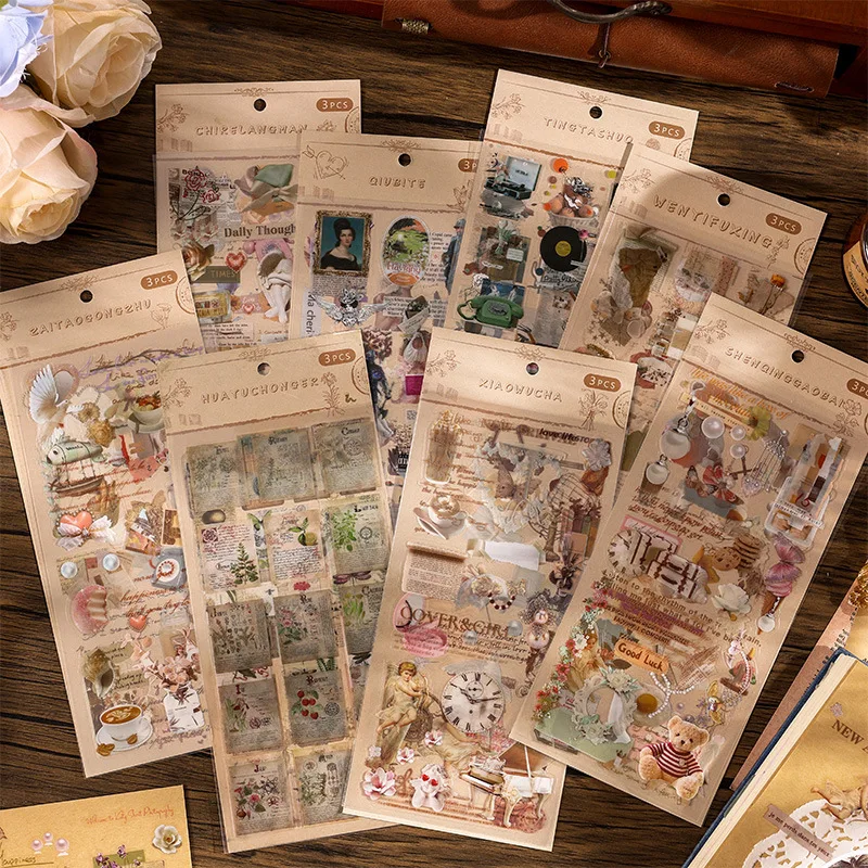 Journamm 3pcs/pack Vintage Stickers Collage Scrapbooking Materials DIY CUT Decor Junk Journal Waterproof PET Aesthetics Stickers