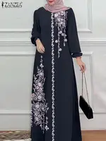 Women Stylish Floral Printed Maxi Dress Muslim Abaya ZANZEA Eid Mubarak Robe Elegant Long Sleeve Casual Vestidos Kaftan IsIamic