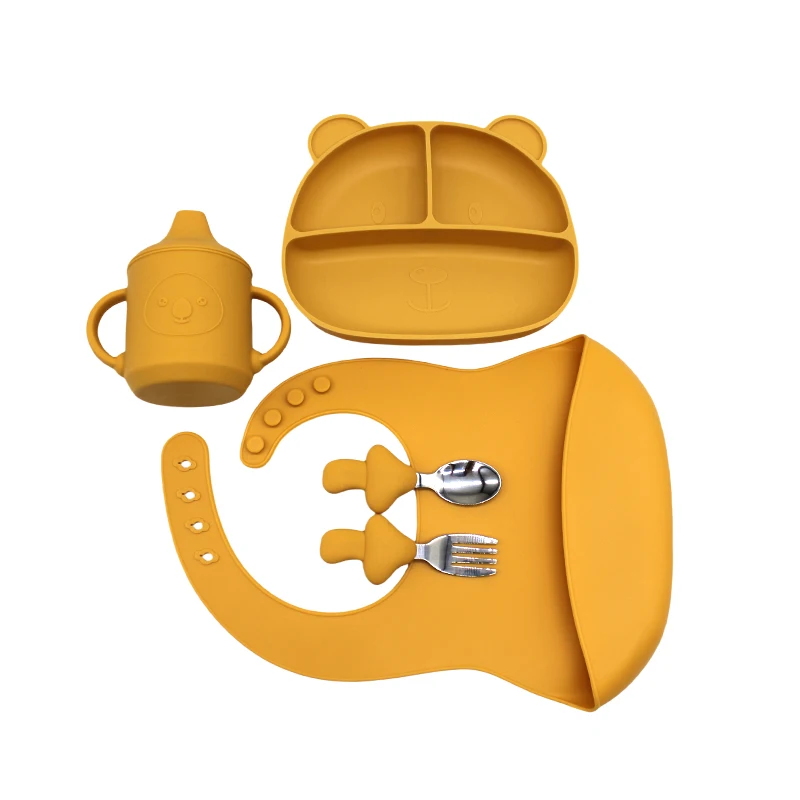 Baby Fork Spoon Plate Set With Suction Cup Children Eating Bowl Self-Practice Training Bowl Baby Complementary Tableware Set 5