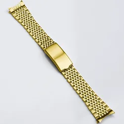 Curved End Solid Stainless Steel Watch Band - Vintage Retro Link Beads Bracelet Strap - 20mm (Gold)