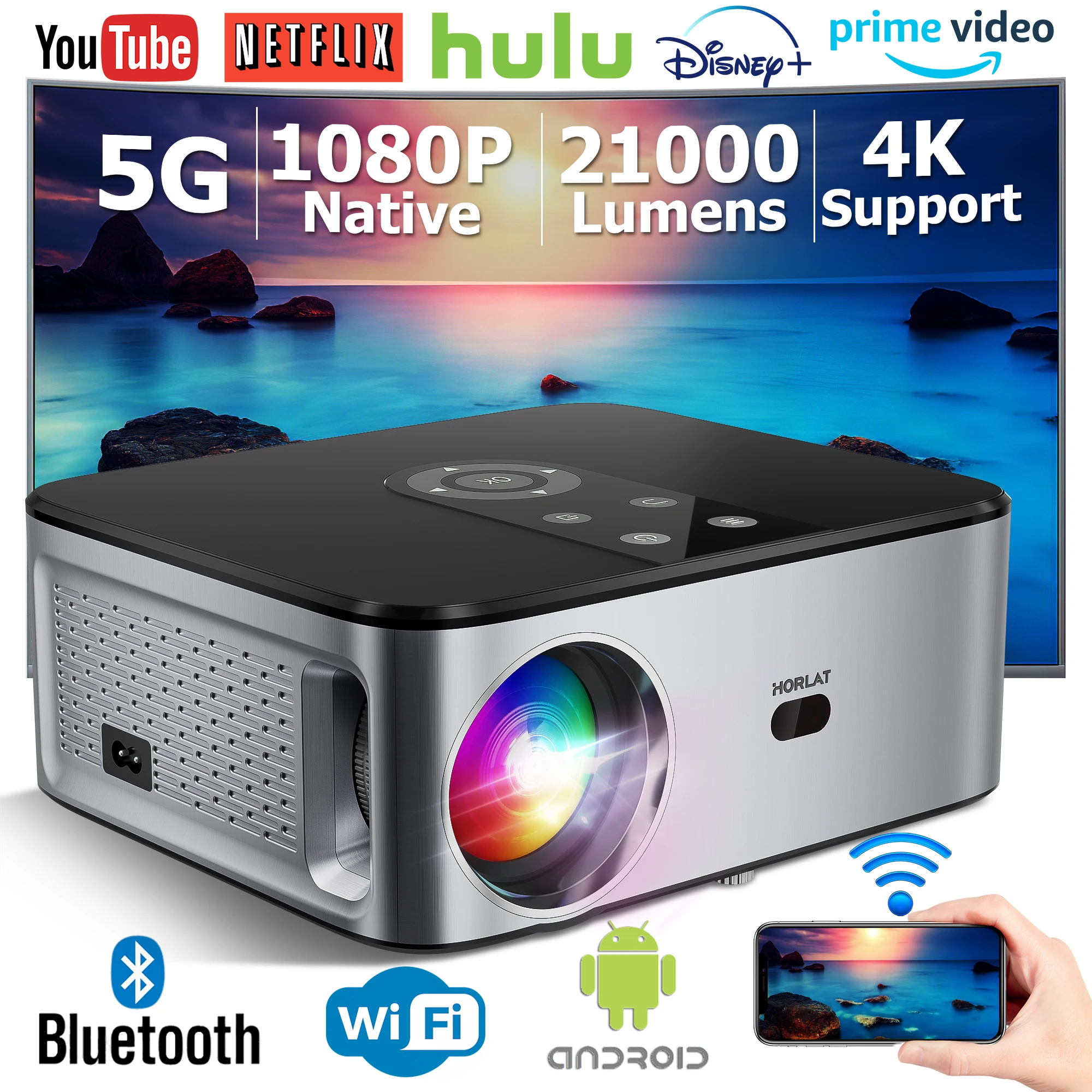 HORLAT-21000Lumenes-Android-4K-LED-Projector-800ANSI-Full-HD-1080P ...
