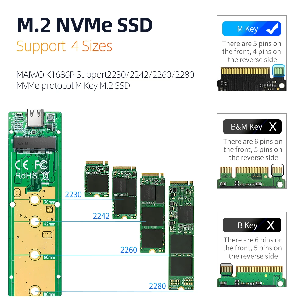 MAIWO M2 SSD ̽, ˷̴ M.2 NVME SSD Ŭ, M.2-USB C  ϵ ̺ Ŭ, NVME PCIE M/B Ű SSD ũ