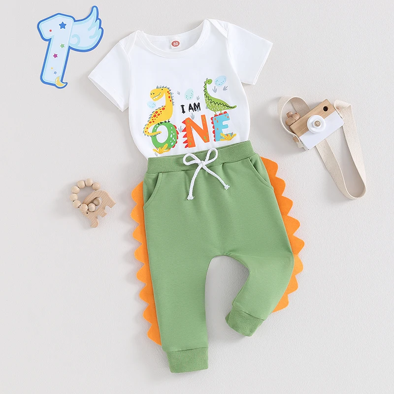 Baby Boy First Birthday Outfit 1st Dinosaur Bodysuit Romper Joggers Pant Set One Years Old Birthday Outfit Boy 2