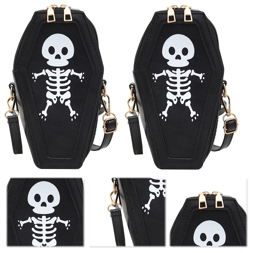 Gothic Shoulder Bag PU Leather Coffin Shape Halloween Bag Women Skull Print Hobo Bag for Carnival Cosplay