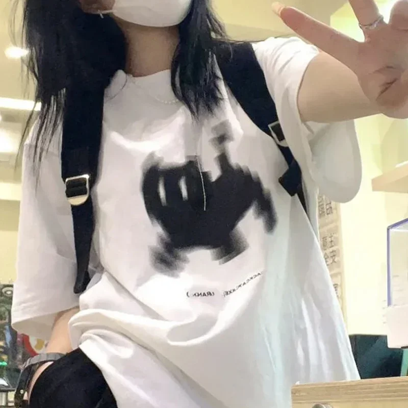 thumbnail image 1 of Camisetas de manga corta con estampado estético para mujer, Tops básicos de calle Y2k, camisetas informales Harajuku góticas con cuello redondo, ropa para mujer, 1 of 4
