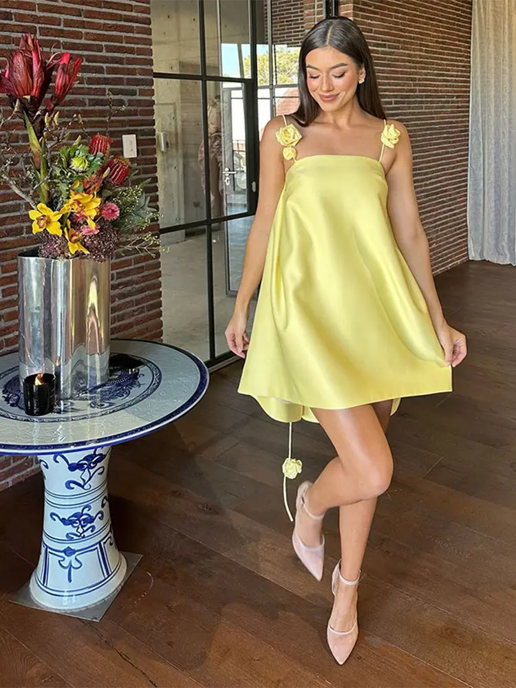 Elegant Yellow 3D Flowers Spaghetti Strap Mini Dress Women
