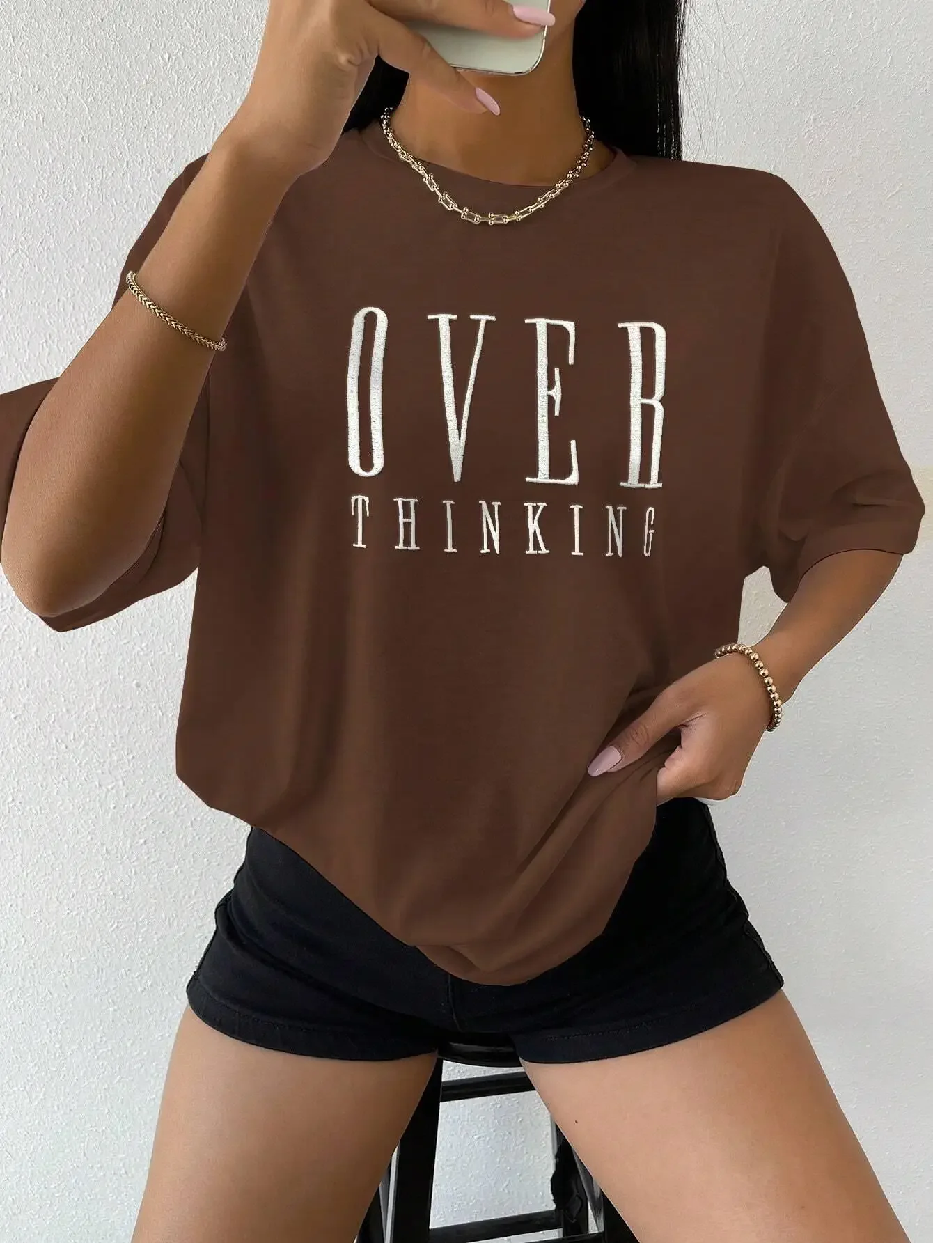 

Over Thinking Letter Print Women Cotton Short Sleeve Breathable Vintage O-Neck Tops All-math Casual T-Shirts Female Tee Clothing