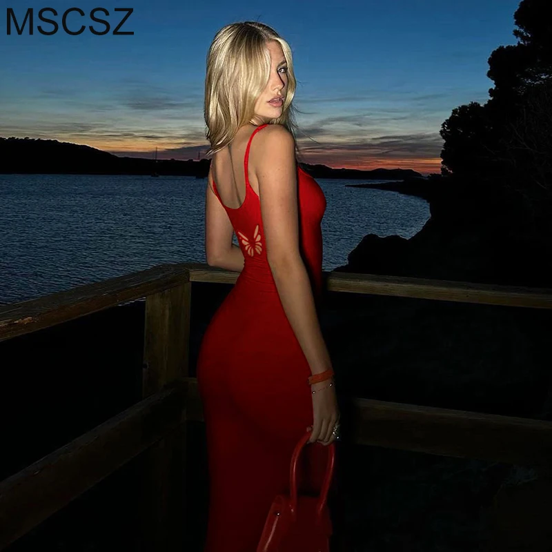 

Butterfly Hollow Out Spaghetti Strap Long Dress Sexy Bodycon Mermaid Summer Dress Woman Fashion Solid Cami Maxi Dress 2024