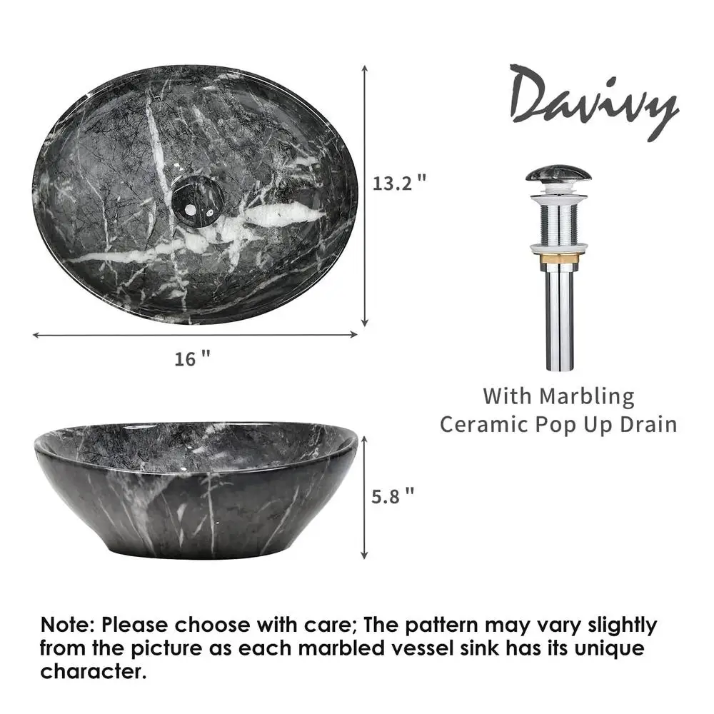 Marbling Ceramic Vessel Sink Set with Pop Up Drain Bathroom Sink Above Counter 3