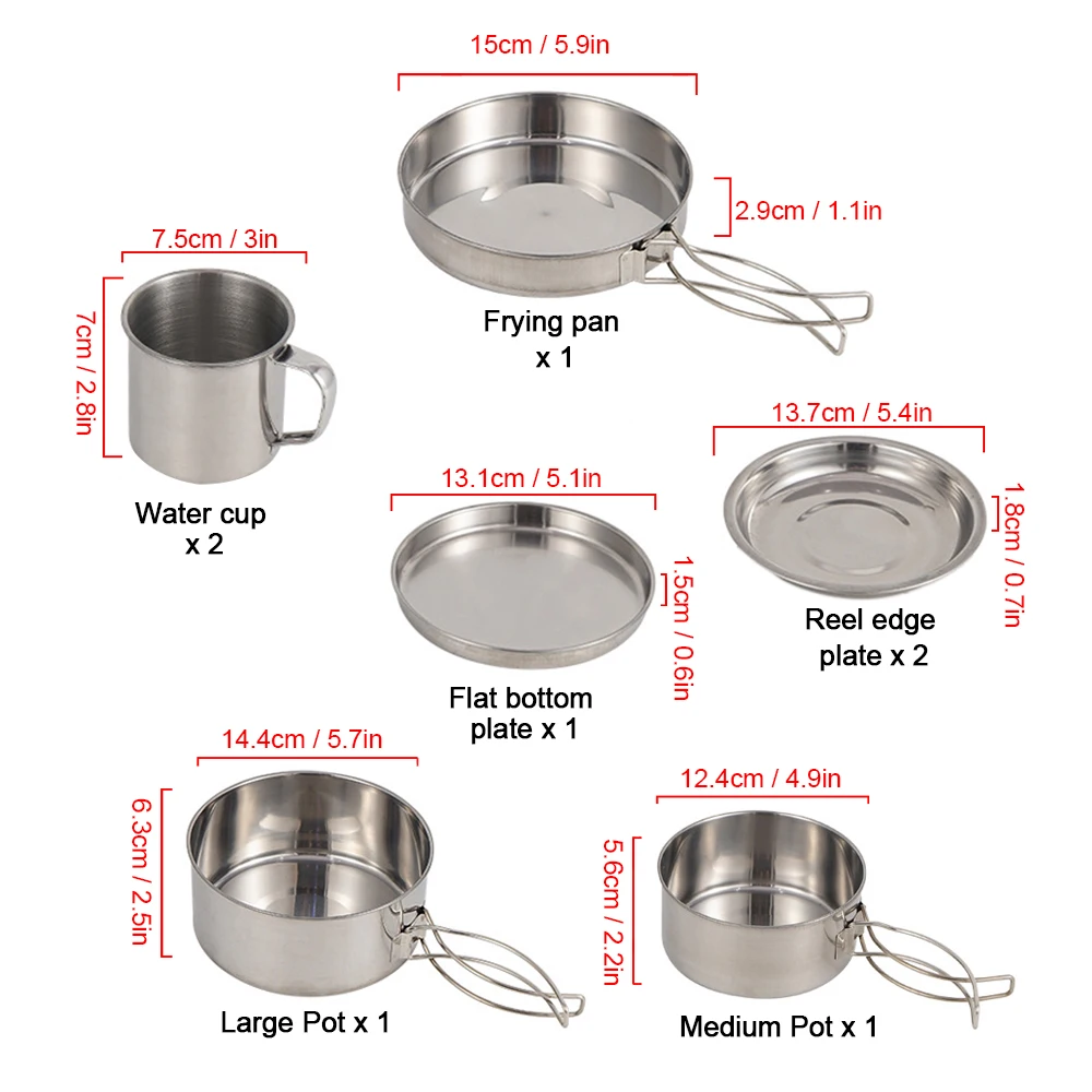 8pcs Stainless Steel Camping Cookware Set – Pot, Pan, Plates & Cups Kit 5