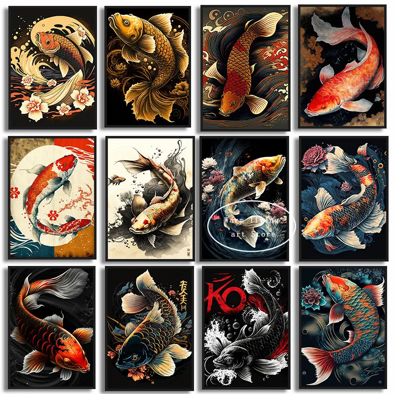 Cinese Golden Koi Fish Painting Lucky Carp Poster Canvas Print Lotus Pond Picture Modern Room Gallery Interior Wall Home Decor