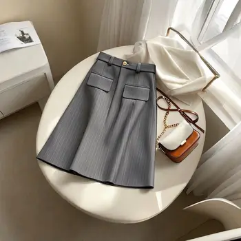 Autunno Inverno Office Lady Semplicità Gonna a trapezio a vita alta a righe Gonna da donna con bottoni alla moda Gonna con cerniera Gonna da donna 1